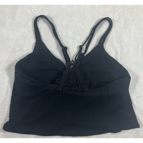 Aerie Size XL Women's Lace Racerback Built In Bra Cropped Tank Top Black Ribbed - Picture 4 of 14